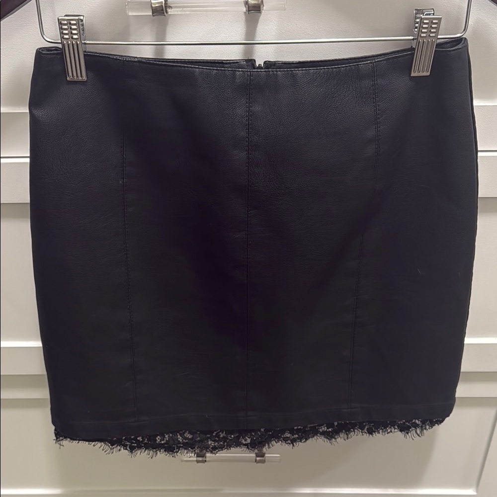 Black Leather Mini Skirt with Lace Hem